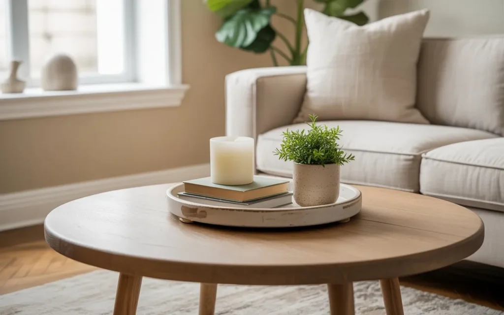 minimal tray styling round coffee table decor idea