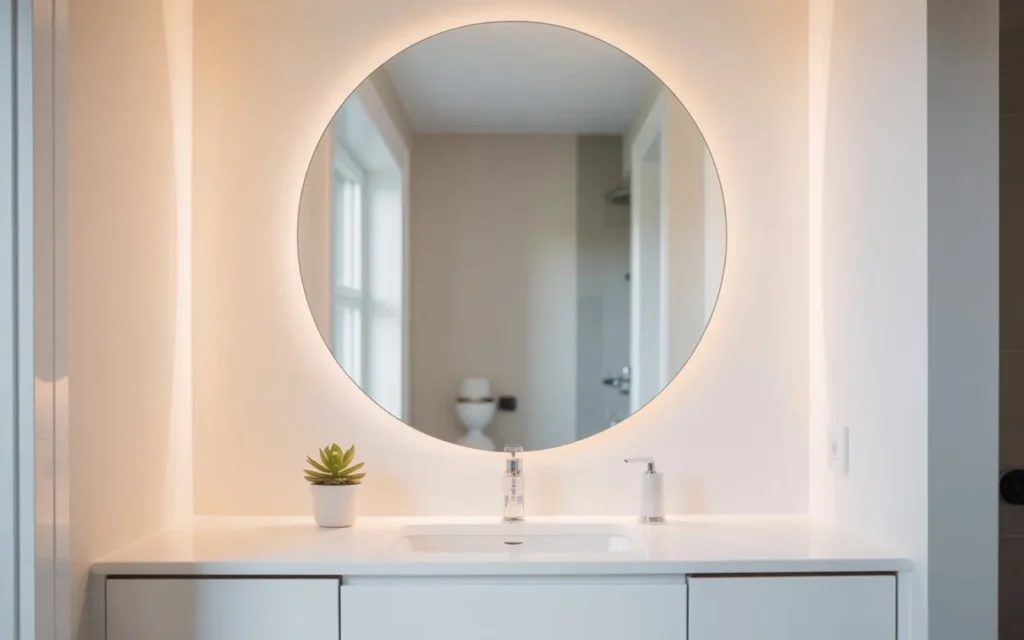 minimalist frameless circle round mirror bathroom idea