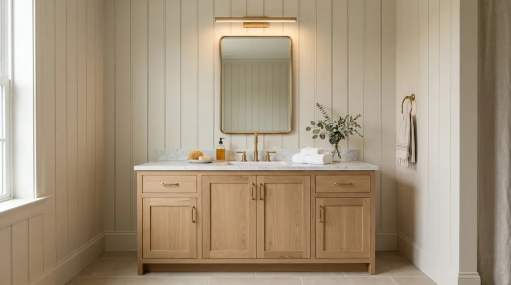 Mirror top light providing clean and focused illumination for a bathroom vanity.