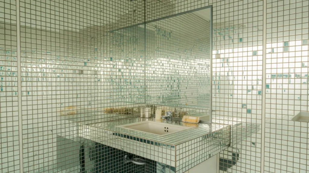 mirrored mosaic wall small bathroom decor idea