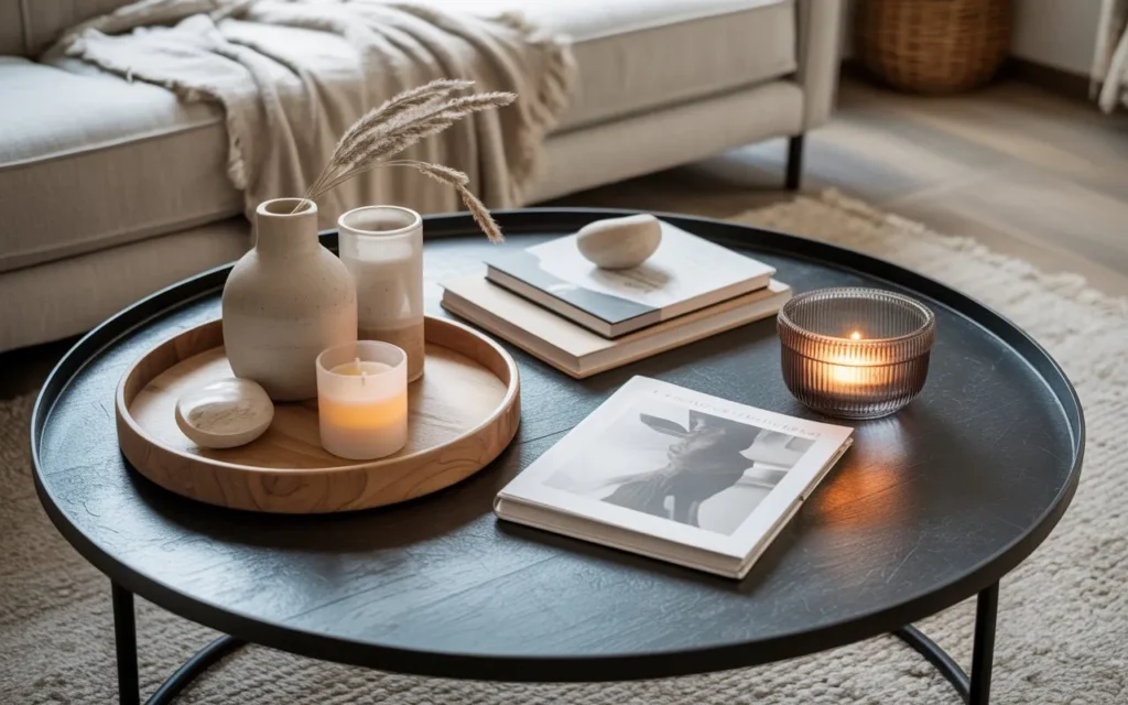 mixed texture arrangement round coffee table decor idea