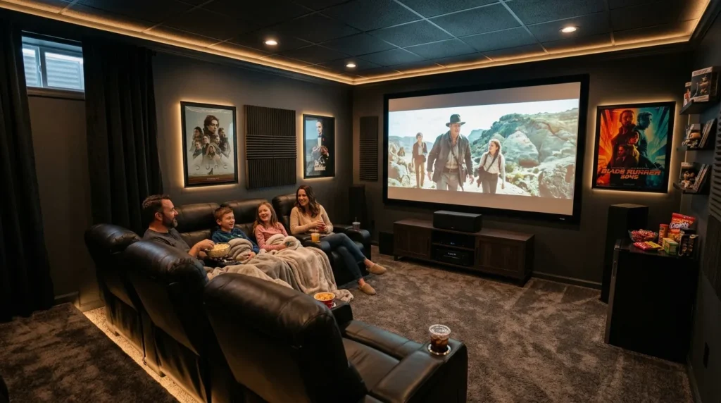 movie theater feel basement family room idea modern