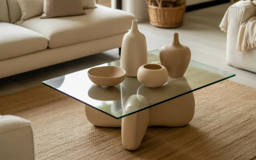  neutral pottery collection glass coffee table decor idea