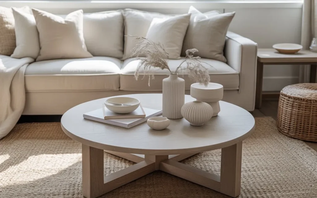 neutral tone palette round coffee table decor idea