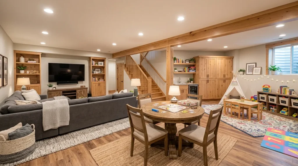 open family layout basement family room idea modern