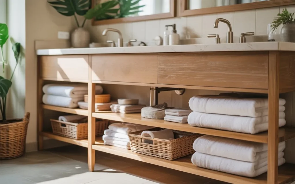 open shelf vanity bathroom storage idea modern 2026