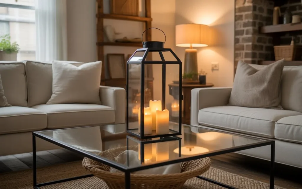 oversized statement lantern glass coffee table decor idea