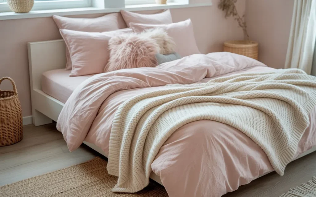 pastel bedding layers pink bedroom idea soft look