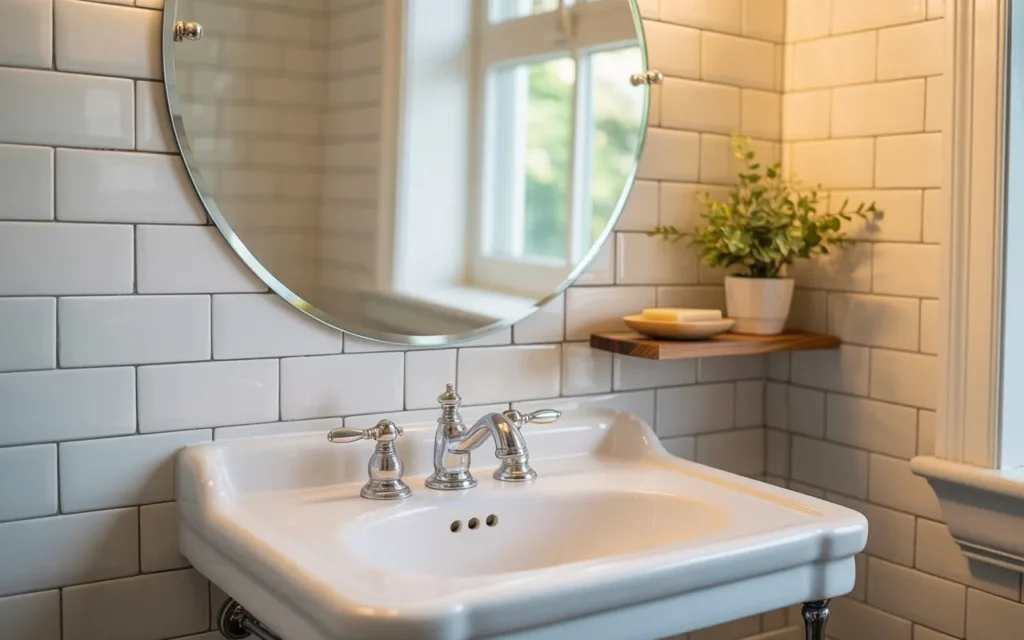 round mirror above pedestal sink bathroom pairing idea