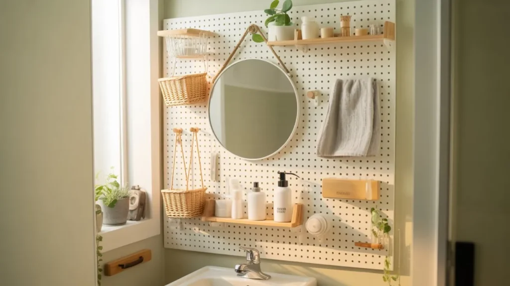  pegboard mirror wall small bathroom organisation idea
