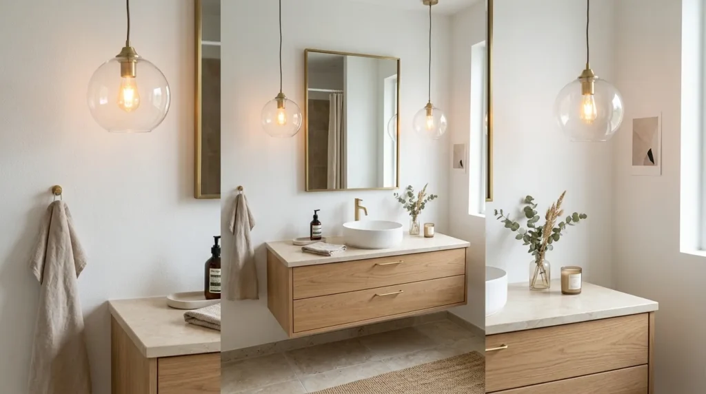 Pendant sink lights adding a stylish focal point to modern bathroom lighting ideas.