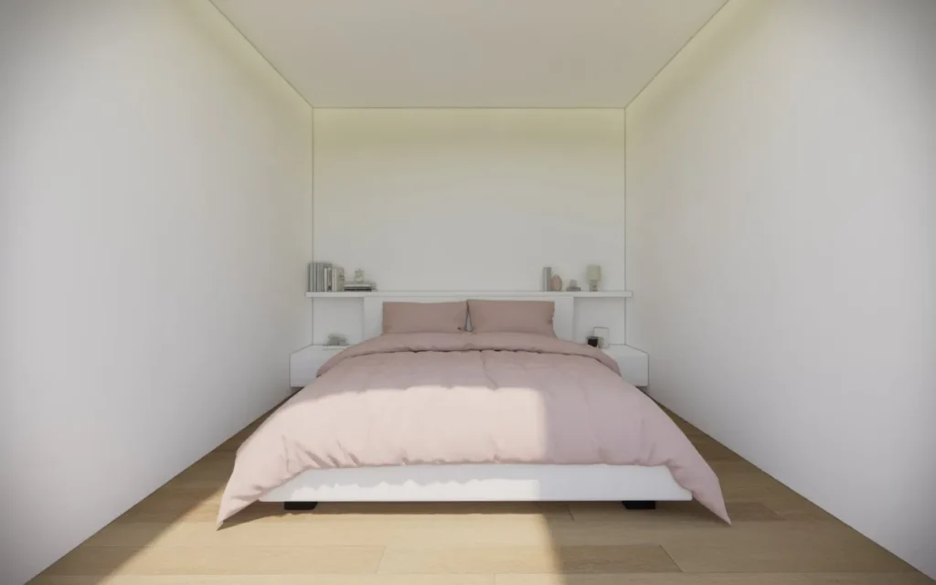 pink and white minimalism pink bedroom idea 2026