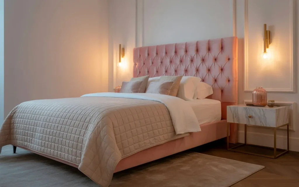 pink velvet headboard pink bedroom idea 2026