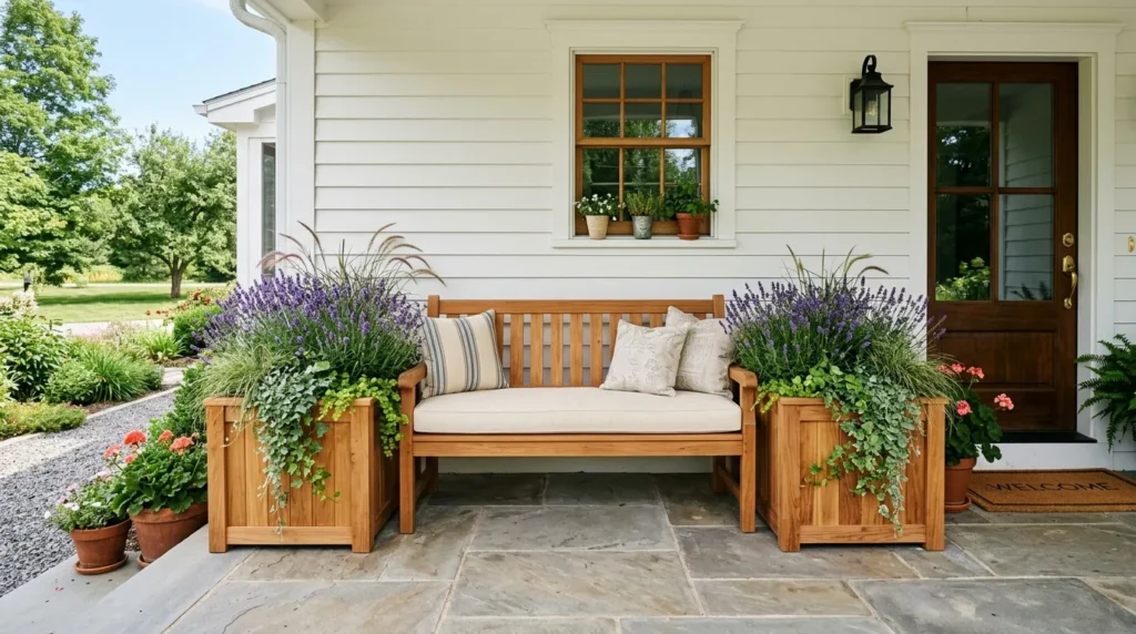 planter bench combo front porch seating idea modern