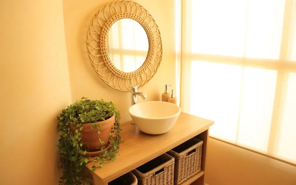 rattan woven frame round mirror bathroom decor idea