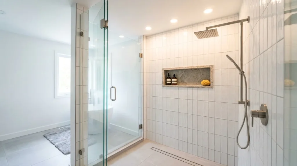 Recessed shower lights creating a clean and bright look inside a modern bathroom shower.