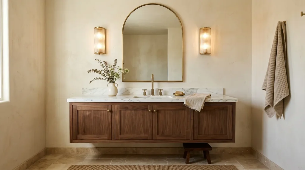 Ribbed glass sconces adding texture, charm, and soft glow to bathroom lighting ideas.