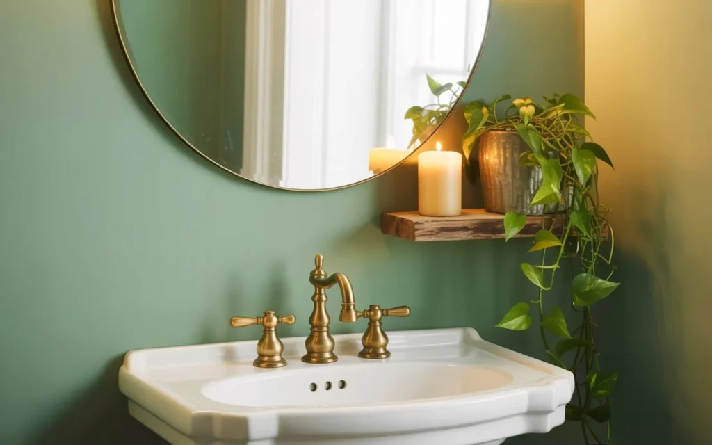 round mirror sage green wall bathroom pairing idea