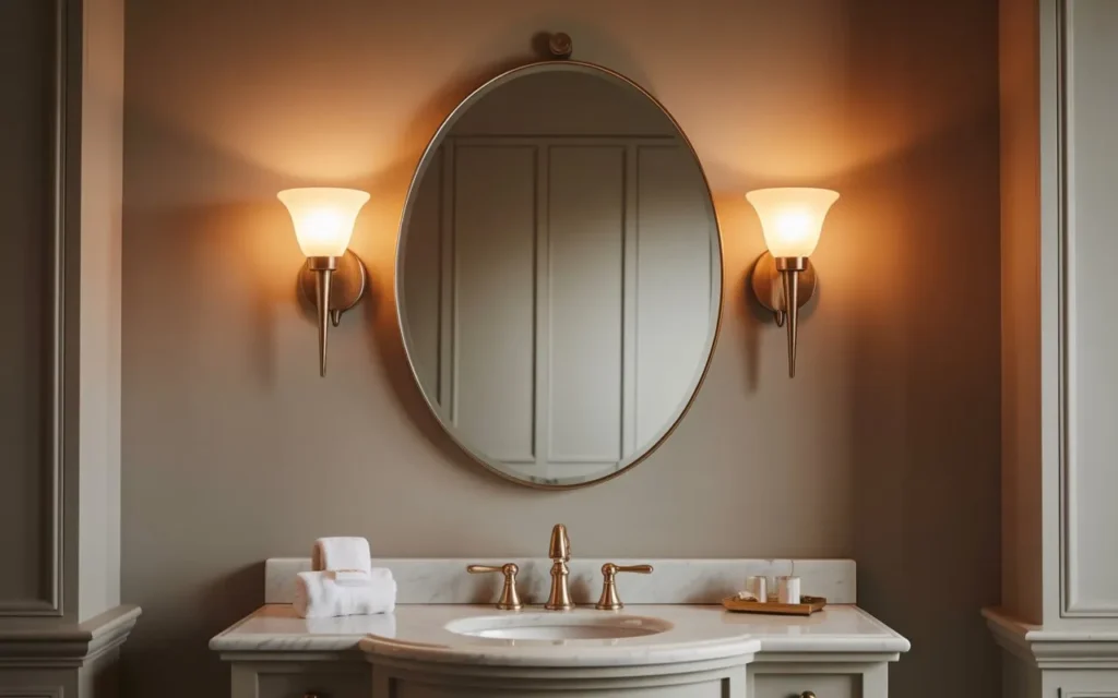 round mirror flanked with sconce lights bathroom idea