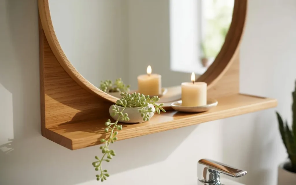 shelf integrated round mirror bathroom storage idea