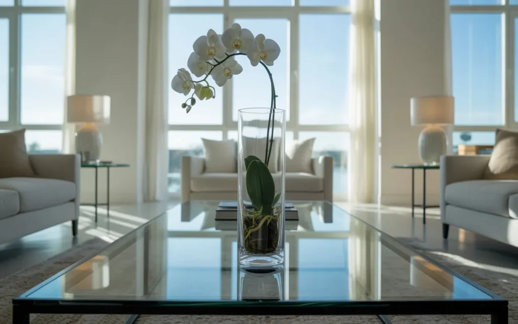  single orchid stem glass coffee table decor idea