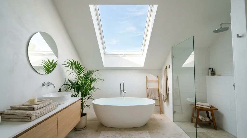 Natural skylight softness brightening the bathroom with calm and airy lighting.