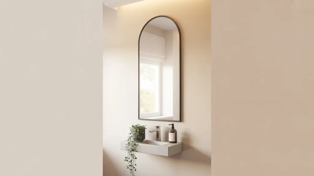 slim arch mirror small bathroom wall decor idea