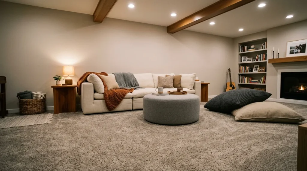 soft carpet lounge basement family room idea cozy