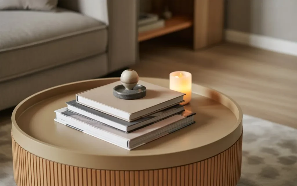 stacked book layers round coffee table decor idea