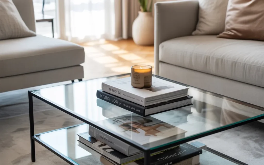 stacked design books glass coffee table decor idea