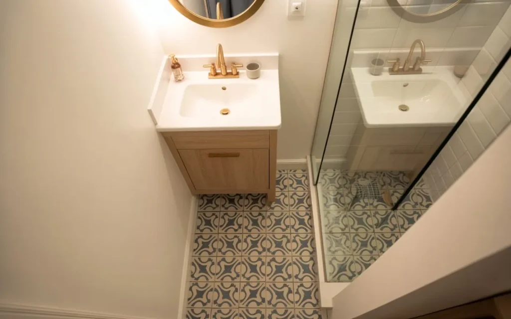 statement floor tile small bathroom idea stylish
