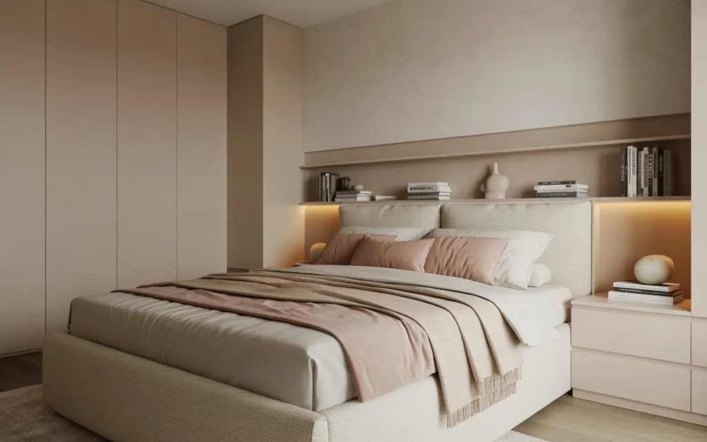 storage headboard small bedroom idea 2026