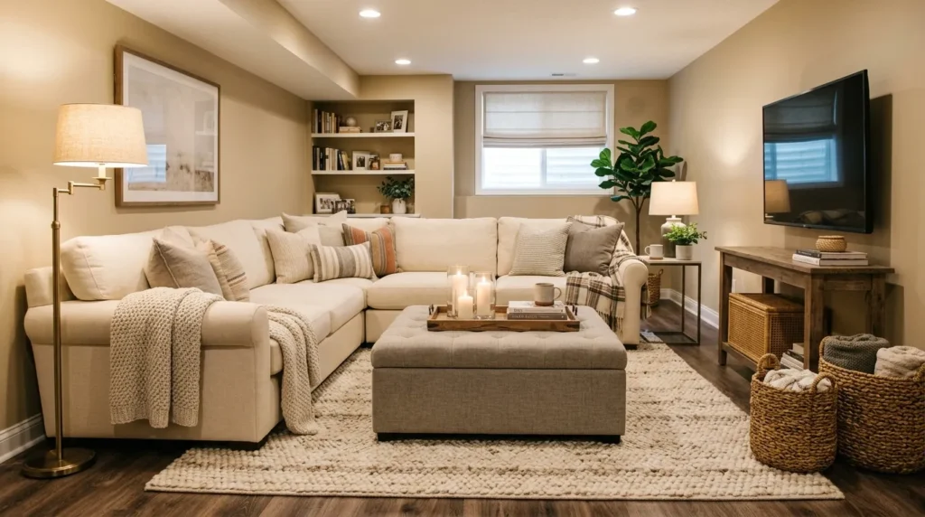 storage ottoman centerpiece basement family room idea