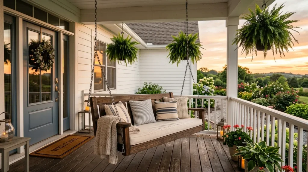 swinging bench front porch seating idea 2026
