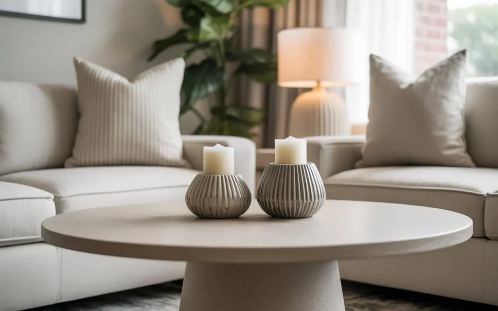 symmetrical pair styling round coffee table decor idea