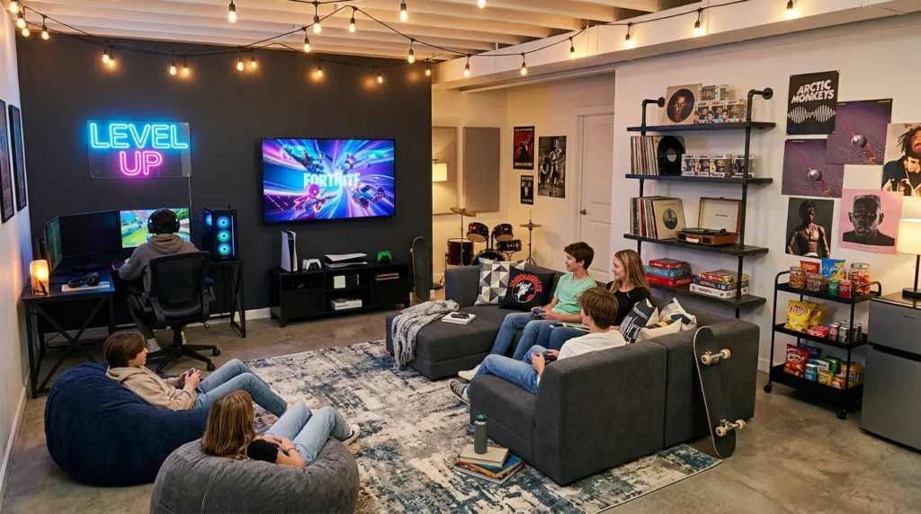 teen hangout area basement family room idea 2026