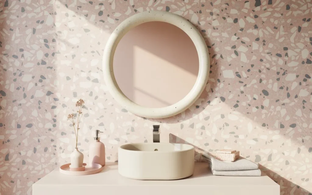 round mirror terrazzo accent wall bathroom decor idea