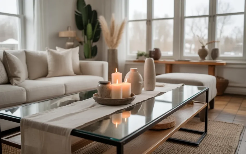textured linen runner glass coffee table decor idea