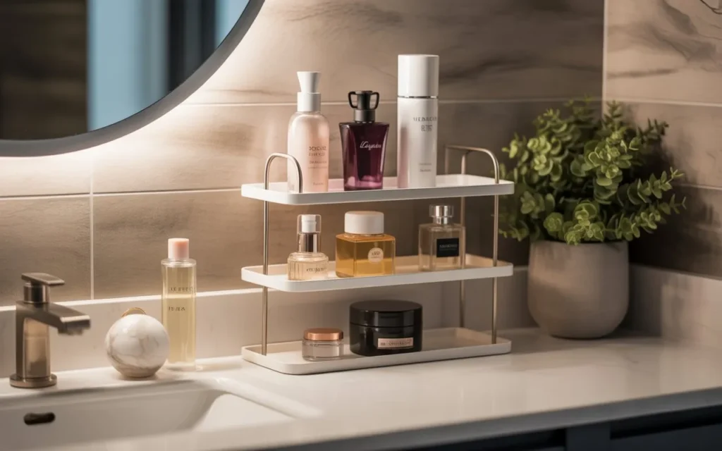 tiered counter shelves bathroom storage idea 2026