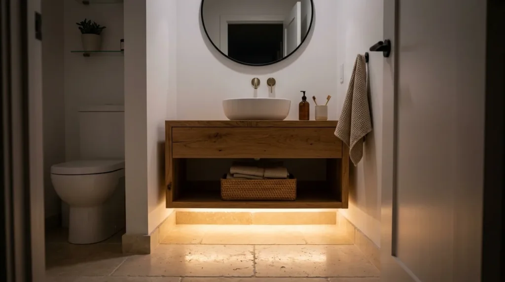 Toe-kick nightlight adding a soft low glow for safe and stylish bathroom lighting.