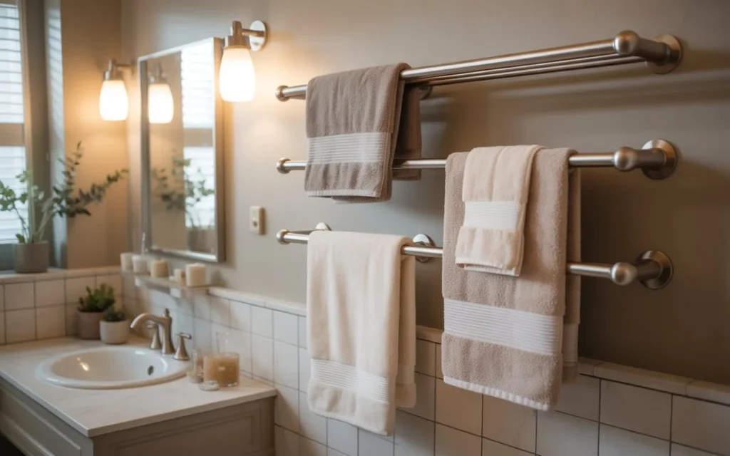 towel bar layers bathroom storage idea 2026