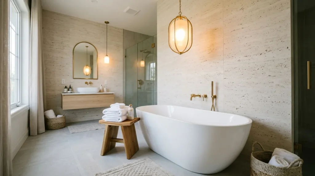 Tub pendant drop lighting adding elegance and warmth above a relaxing bathtub area.