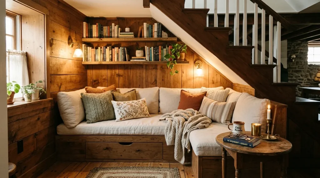 under stairs reading nook basement family room idea