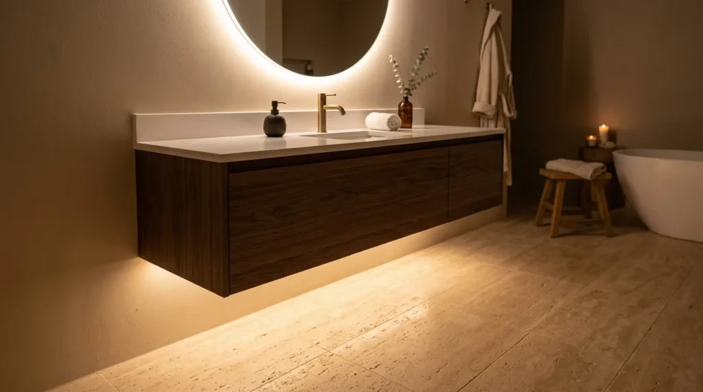 Under-vanity glow lighting creating a soft floating effect in a modern bathroom.