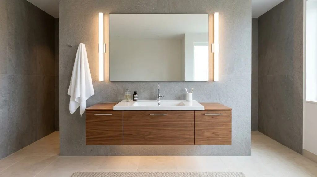 Vertical light panels framing the mirror for bright and balanced bathroom lighting.