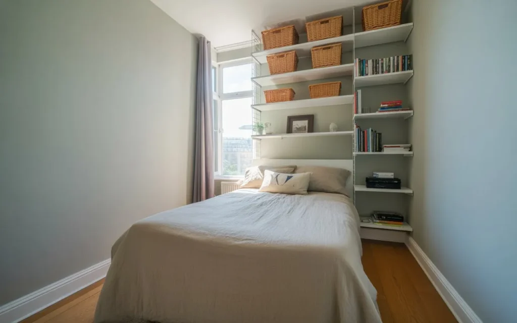 vertical shelving small bedroom idea 2026