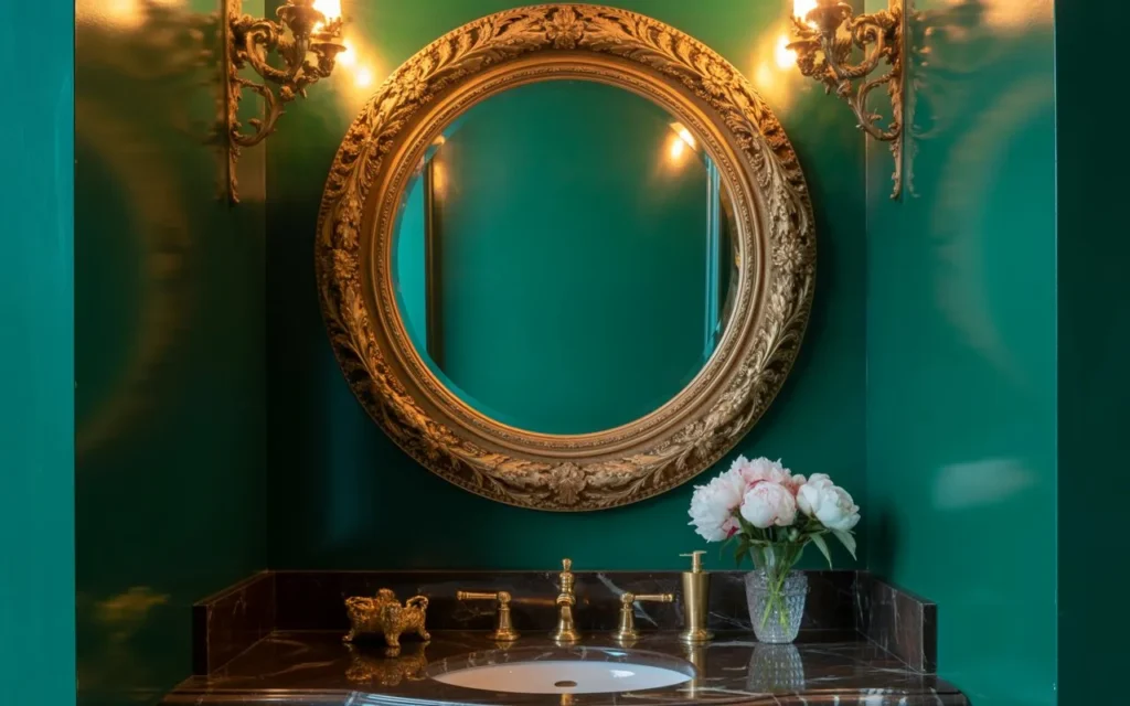 vintage ornate round mirror bathroom wall decor idea