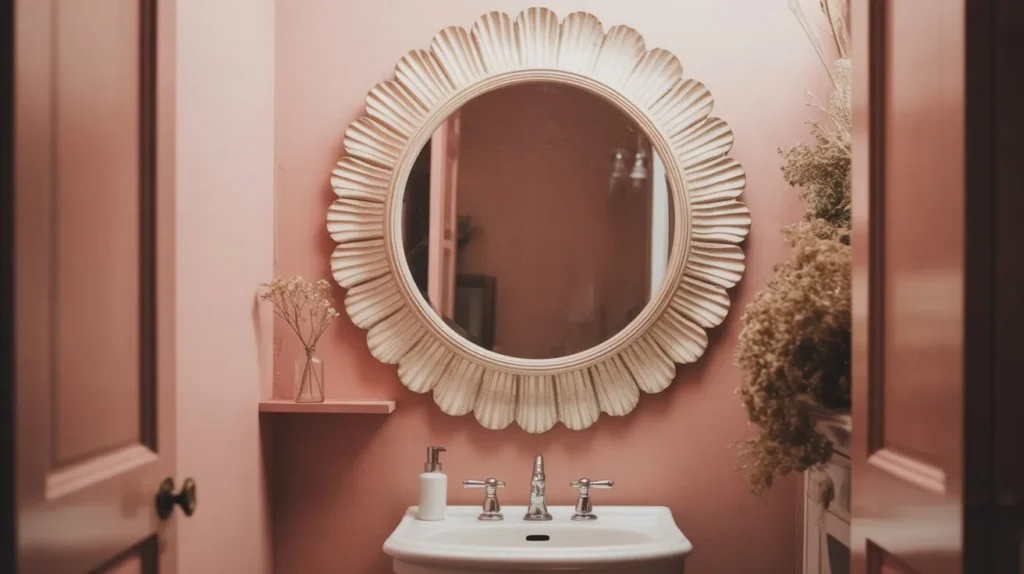 vintage scalloped frame mirror small bathroom idea