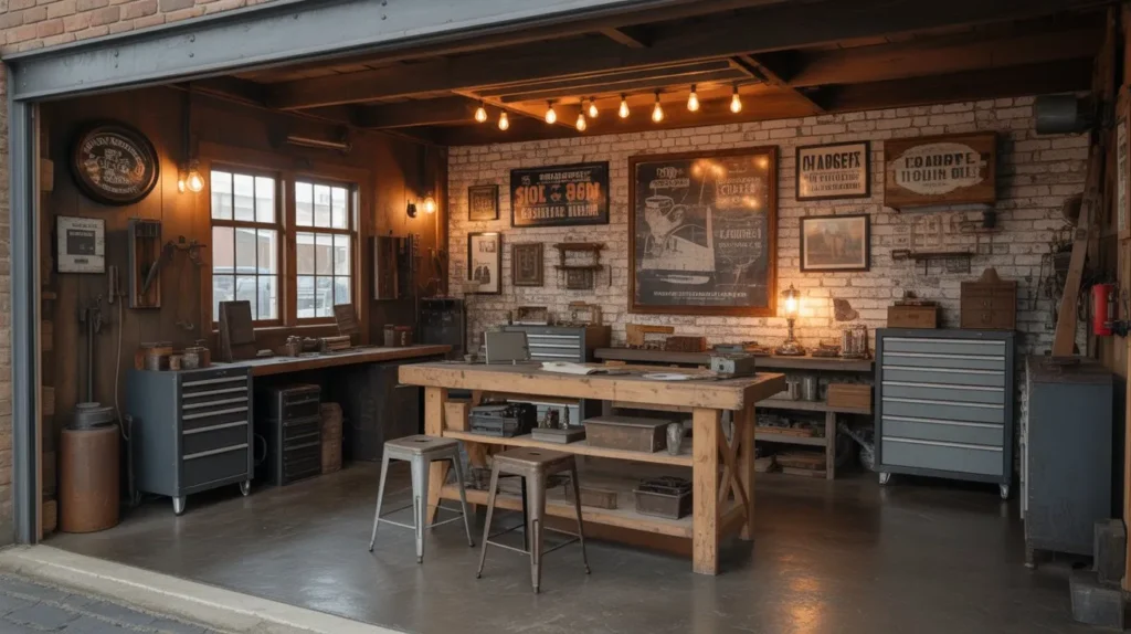 vintage workshop style garage interior idea 2026