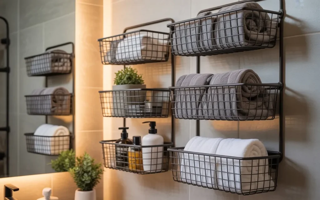 wall mounted baskets bathroom storage idea 2026